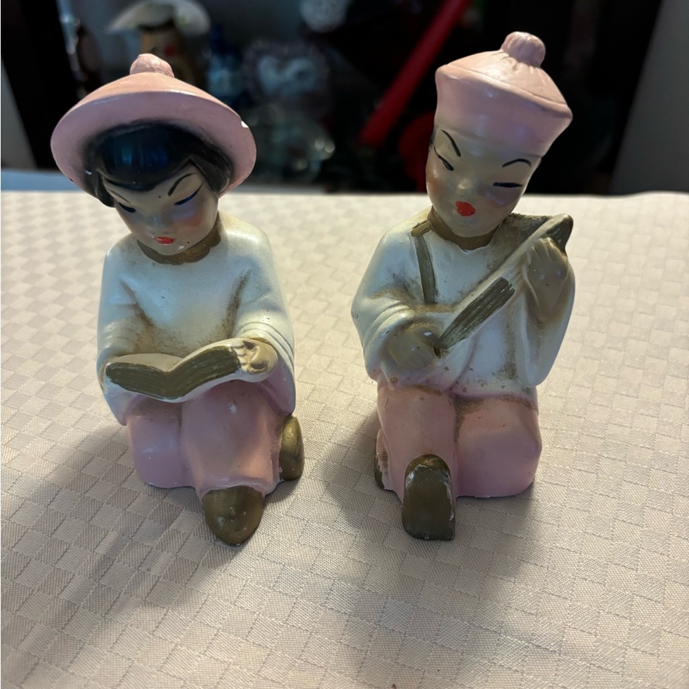 Pair of Oriental Chalk Ware Figurines Vintage